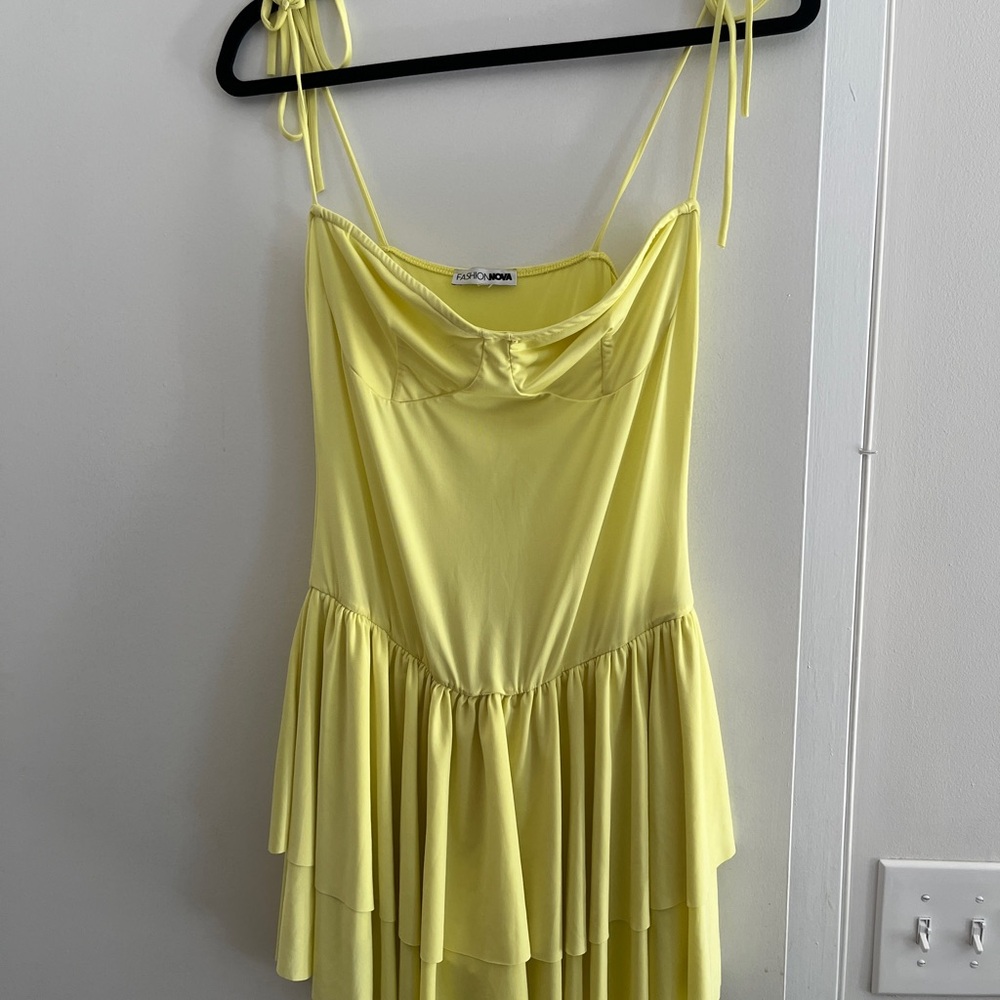 Fashion Nova Lemon Yellow Tiered Camisole Dress with Tie Straps